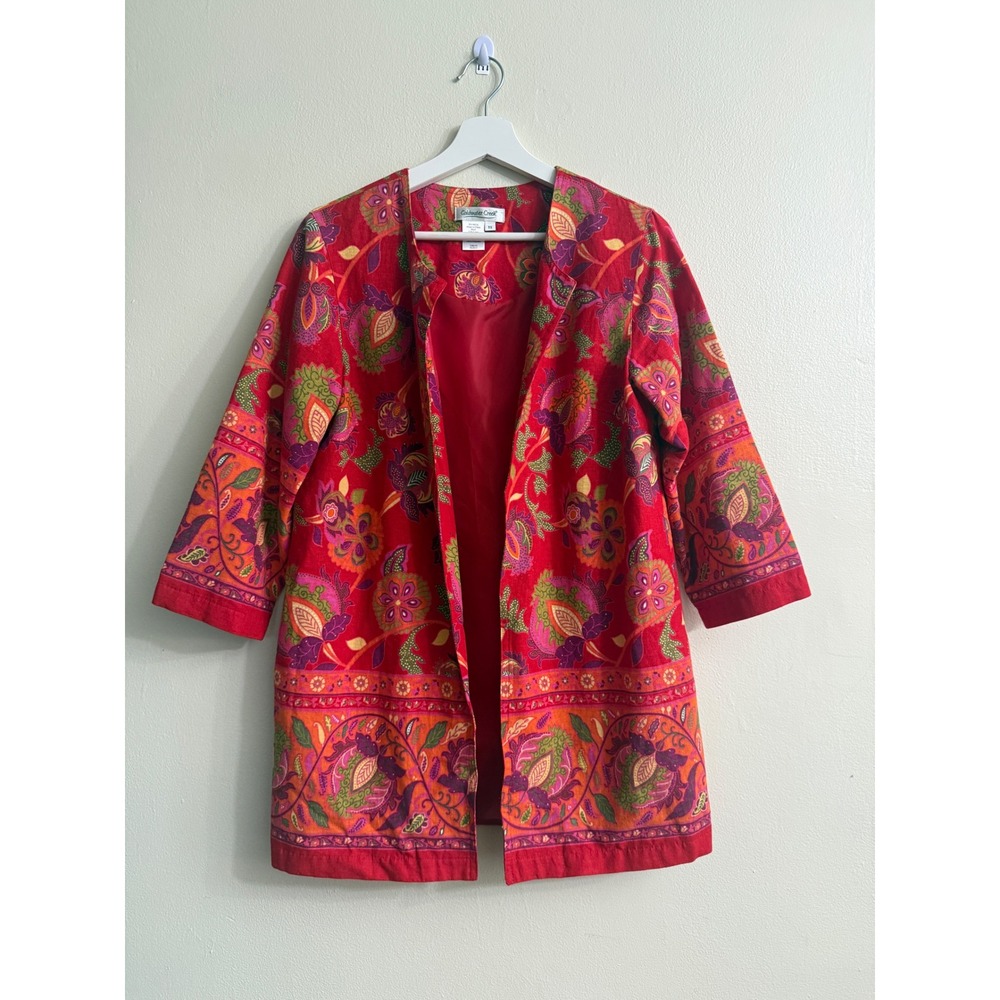 Coldwater Creek Red Floral Paisley Linen Blend Open Front Blazer Jacket  Size XS